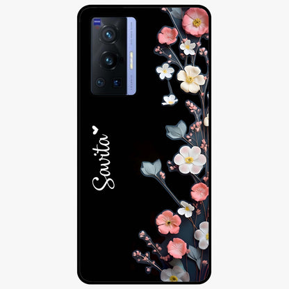 Black Elegance Floral Custom Name Glass Case showing flat back view with elegant floral artwork and personalized name design.