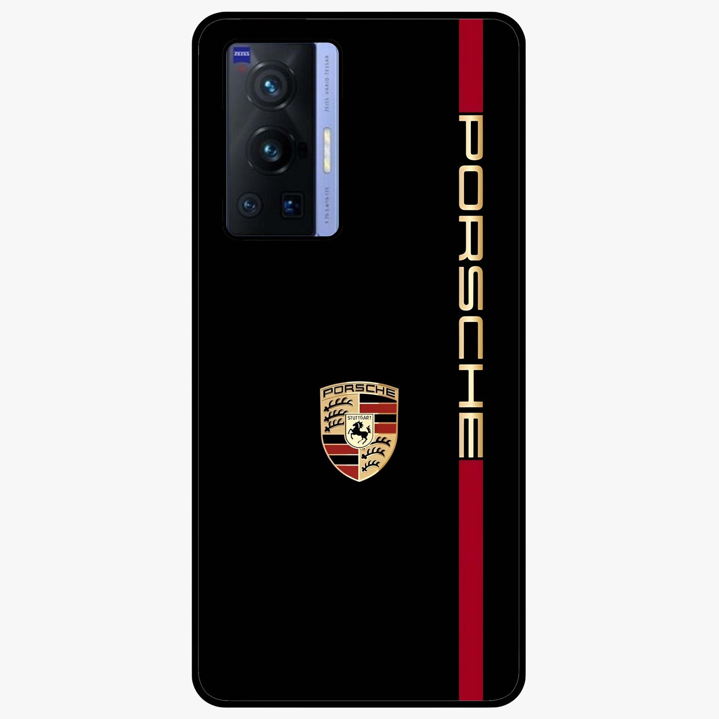 Black Minimal Porsche Glass Case showing flat back view with sleek minimal sports car artwork and glossy glass finish.