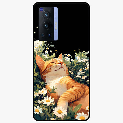 Blissful Bloom Cat Glass Case showing flat back view with cute cat and floral bloom artwork and glossy glass finish.