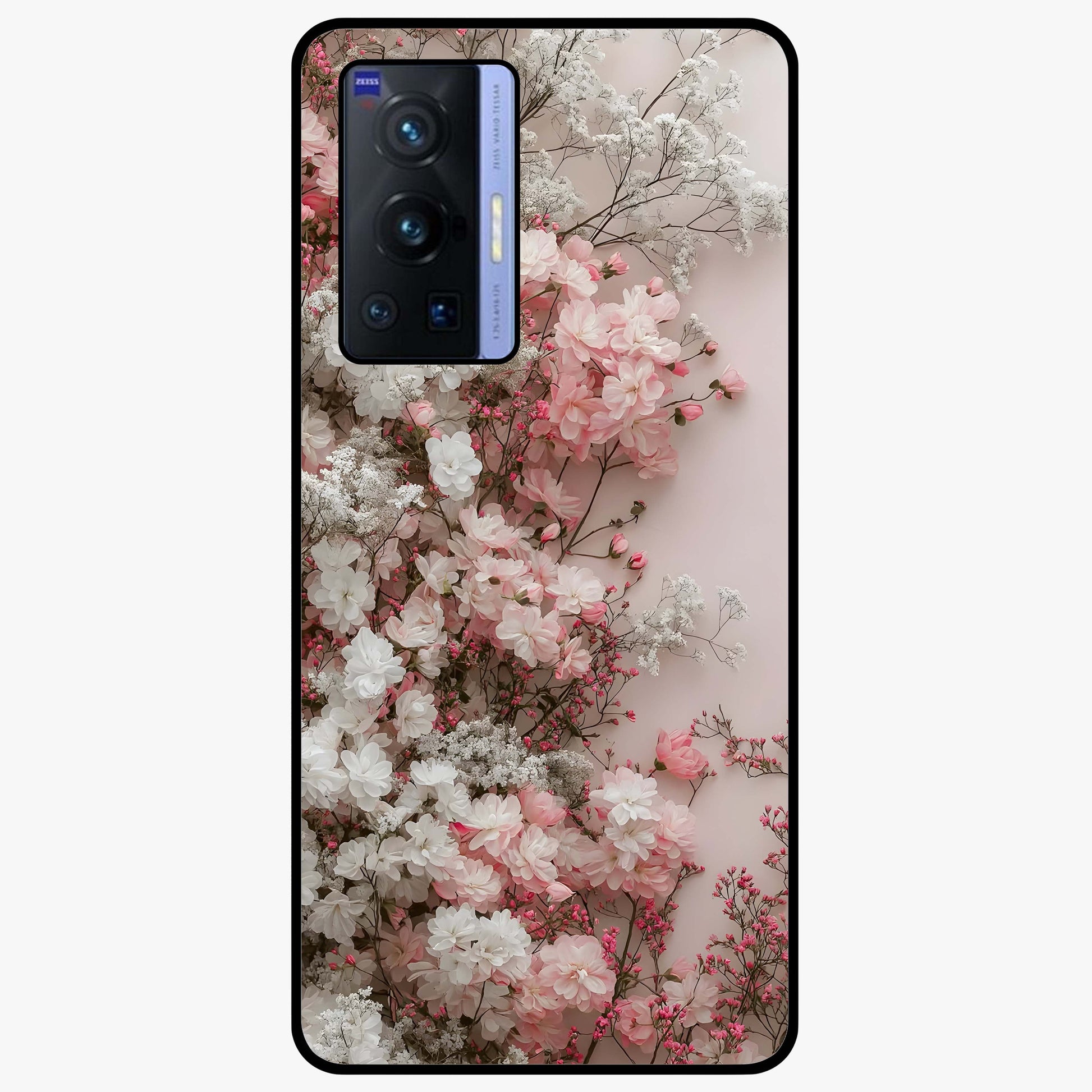 Blush Blossom Cloud Glass Case showing flat back view with dreamy blush cloud blossom artwork and glossy glass finish.