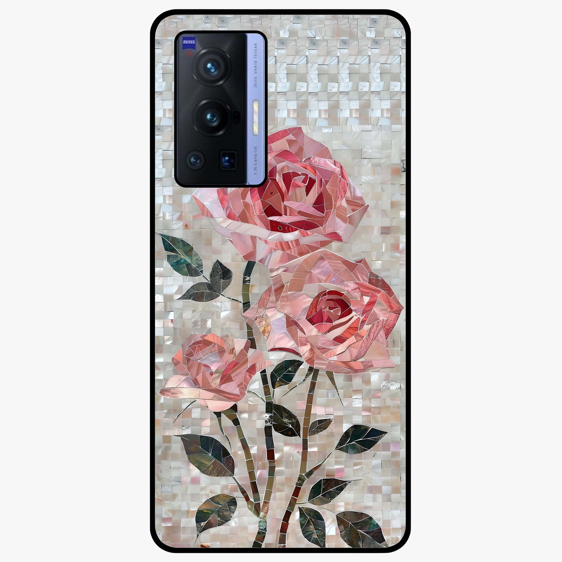 Blush Mosaic Bloom Glass Case showing flat back view with mosaic floral bloom artwork and glossy glass finish.