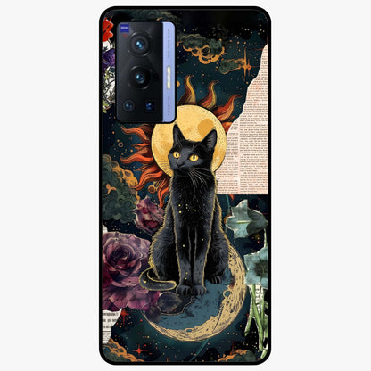 Celestial Black Cat Glass Case showing flat back view with mystical black cat artwork and glossy glass finish.