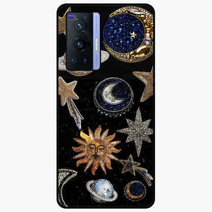 Celestial Gem Constellations Glass Case showing flat back view with sparkling constellation artwork and glossy glass finish.