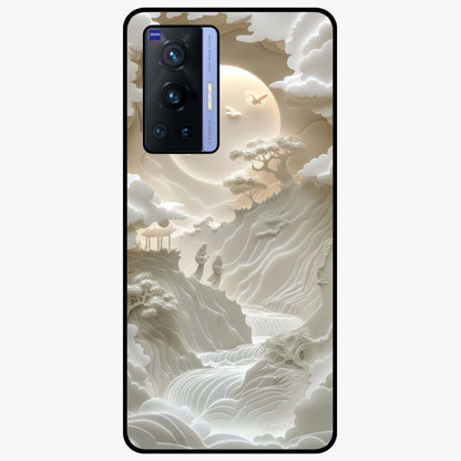 Celestial Origami Glass Case showing flat back view with artistic origami inspired celestial artwork and glossy glass finish.