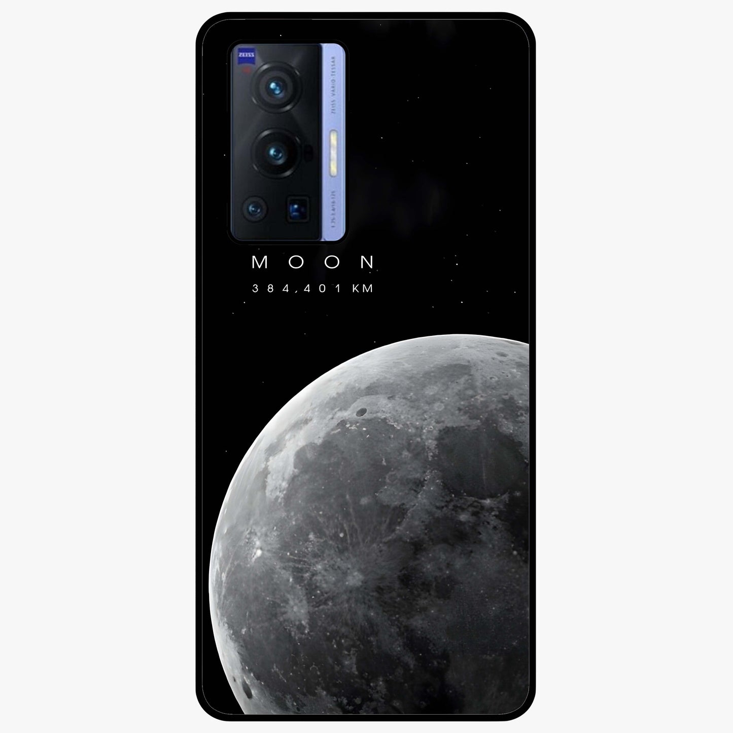 Cosmic Moon Glow Glass Case showing flat back view with glowing moon artwork and glossy glass finish.