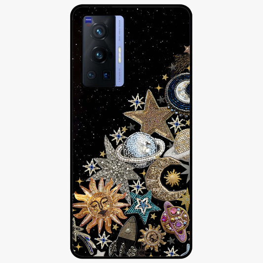 Cosmic Sparkle Dreams Glass Case showing flat back view with sparkling cosmic artwork and glossy glass finish.