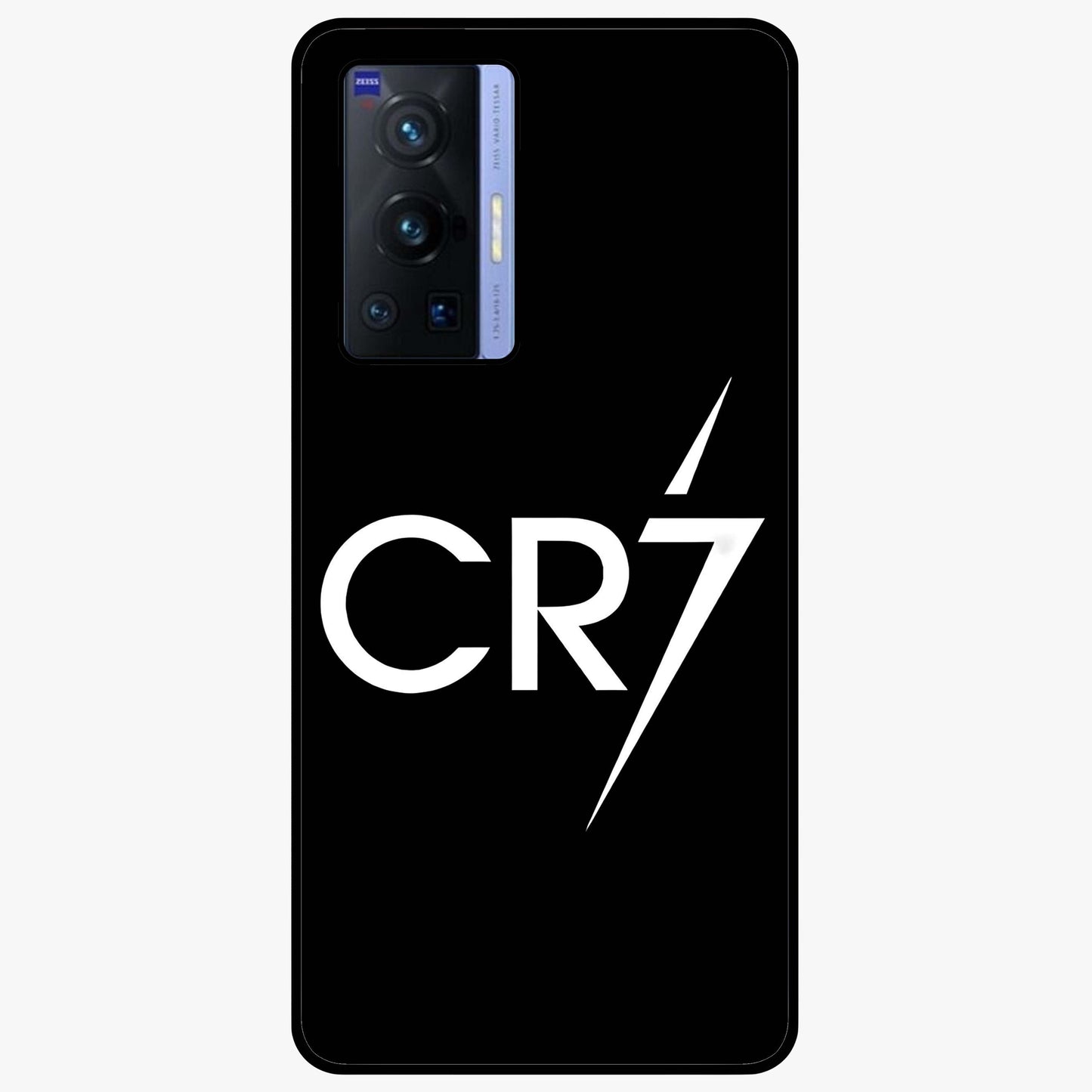 Cr7 Elite Strike Glass Case showing flat back view with dynamic football inspired artwork and glossy glass finish.