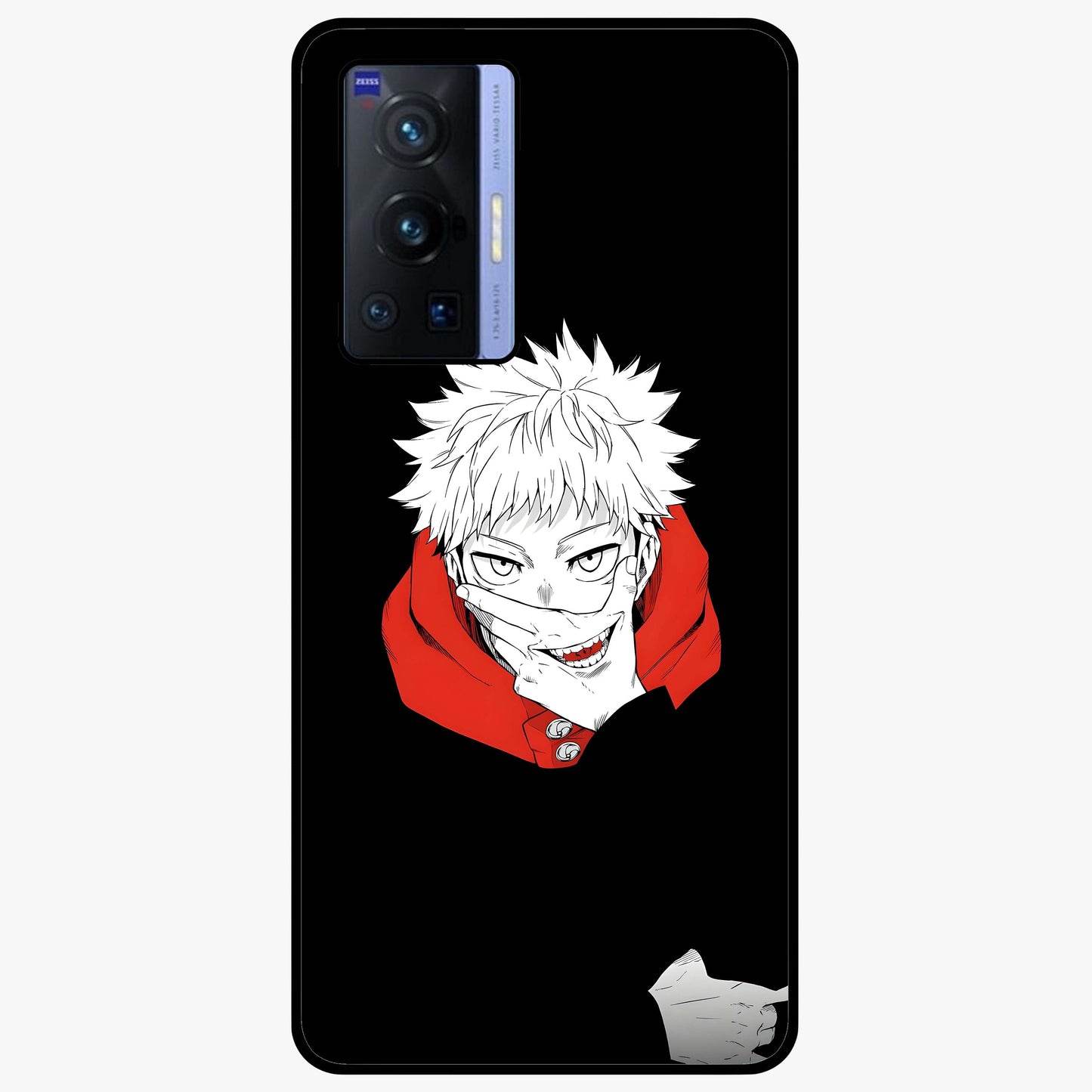 Crimson Chaos Smile Glass Case showing flat back view with bold chaotic smile artwork and glossy glass finish.