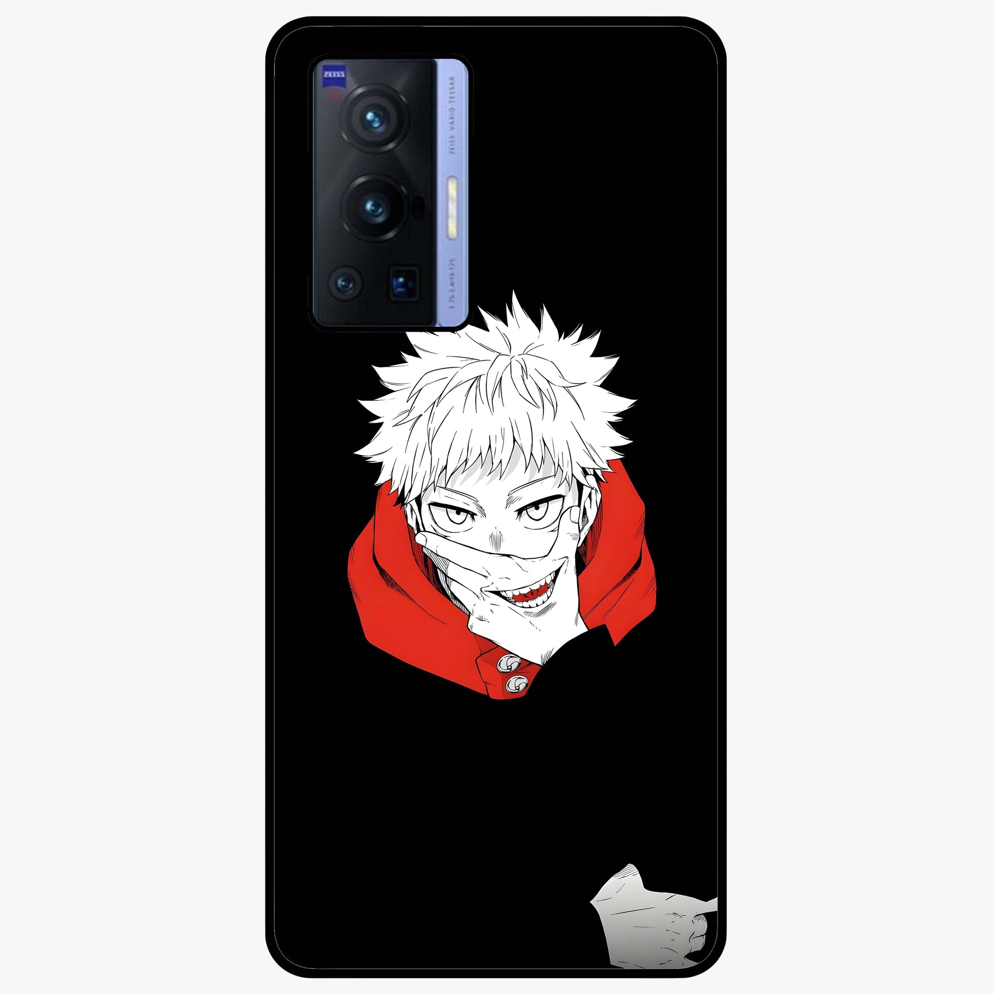 Crimson Chaos Smile Glass Case showing flat back view with bold chaotic smile artwork and glossy glass finish.