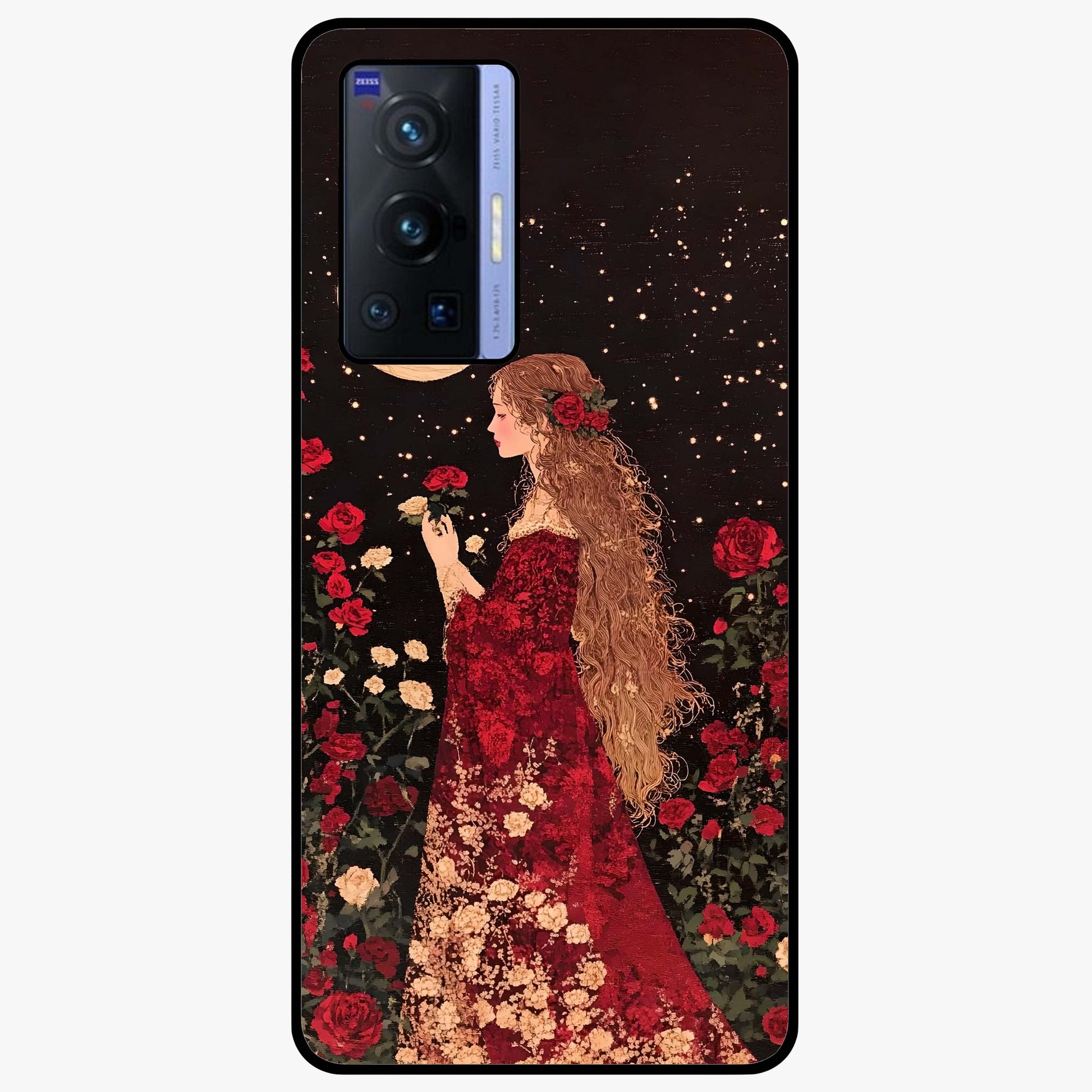 Crimson Dreams Glass Case showing flat back view with dreamy crimson artwork and glossy glass finish.