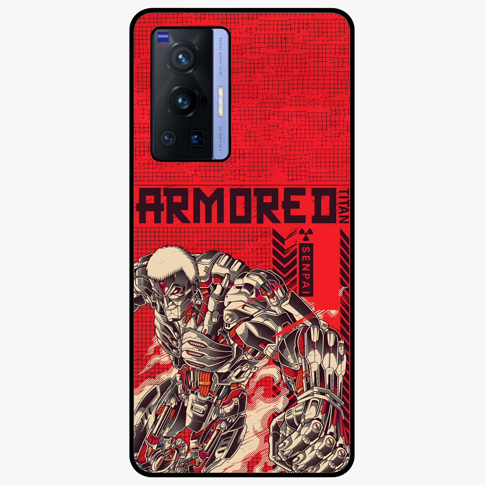 Crimson Mecha Titan Glass Case showing flat back view with powerful mech titan artwork and glossy glass finish.
