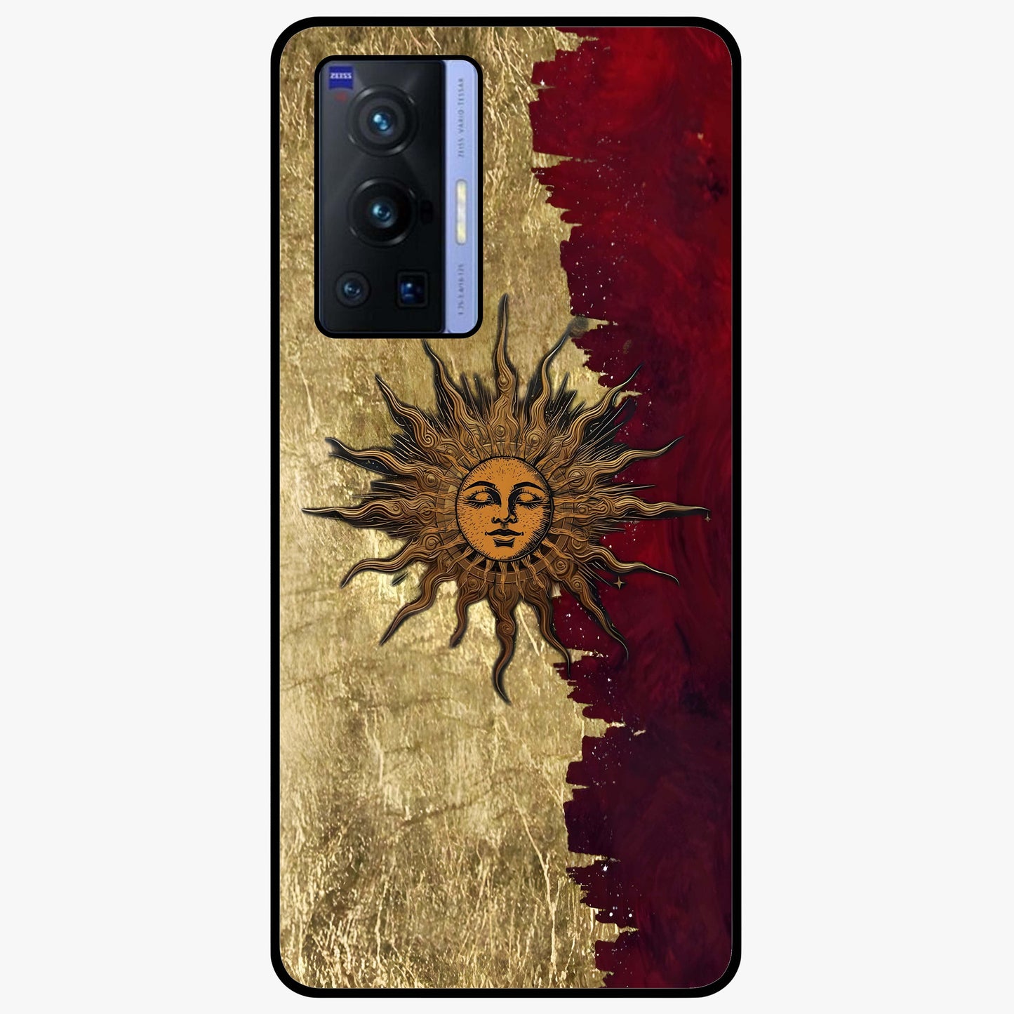 Crimson Sun Majesty Glass Case showing flat back view with radiant sun inspired artwork and glossy glass finish.