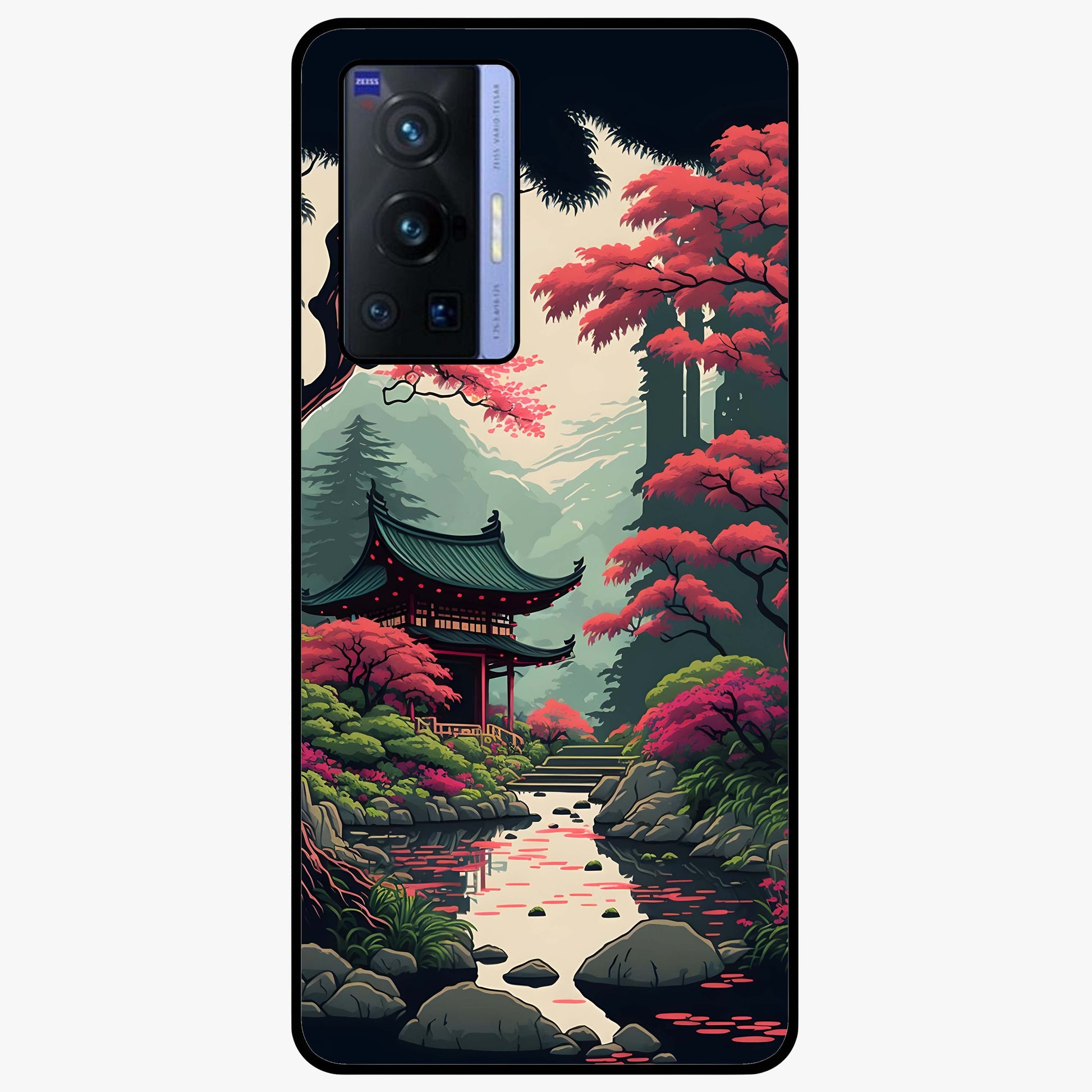 Crimson Temple View Glass Case showing flat back view with temple inspired artwork and glossy glass finish.