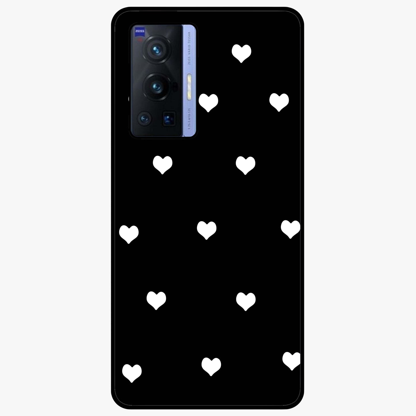 Cute And Simple White Hearts Glass Case showing flat back view with minimal white heart pattern and glossy glass finish.