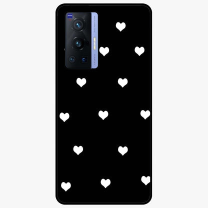 Cute And Simple White Hearts Glass Case showing flat back view with minimal white heart pattern and glossy glass finish.
