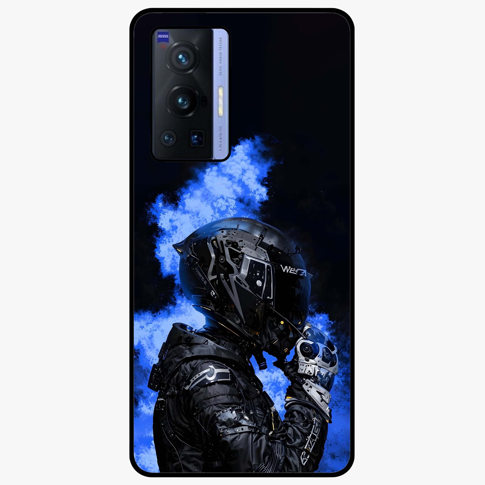 Cyber Sentinel Protocol Glass Case showing flat back view with futuristic cyber themed artwork and glossy glass finish.