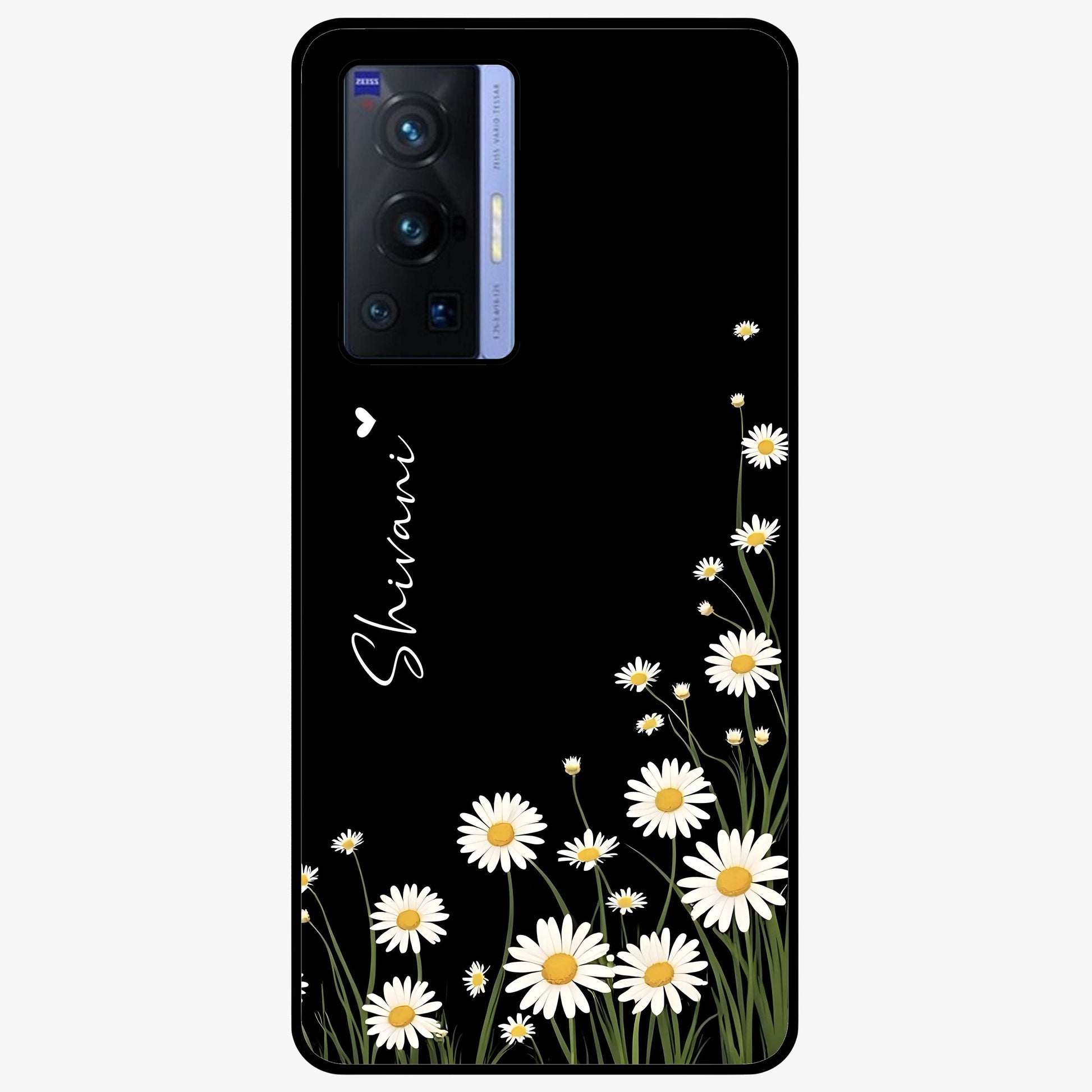 Daisy Cascade Custom Name Glass Case showing flat back view with cascading daisy flowers and personalized name design.