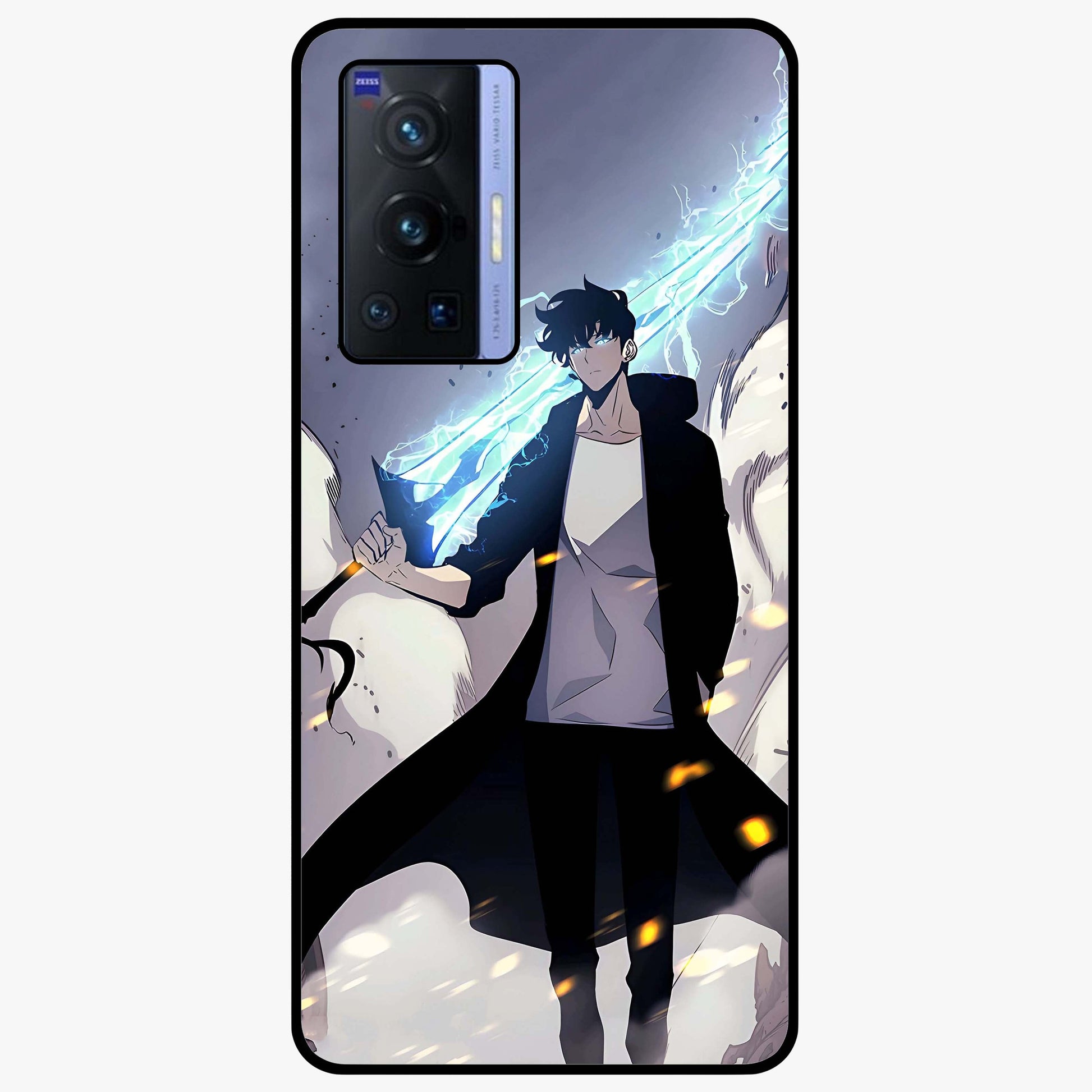 Dark Lightning Anime Warrior Glass Case showing flat back view with intense anime warrior artwork and glossy glass finish.