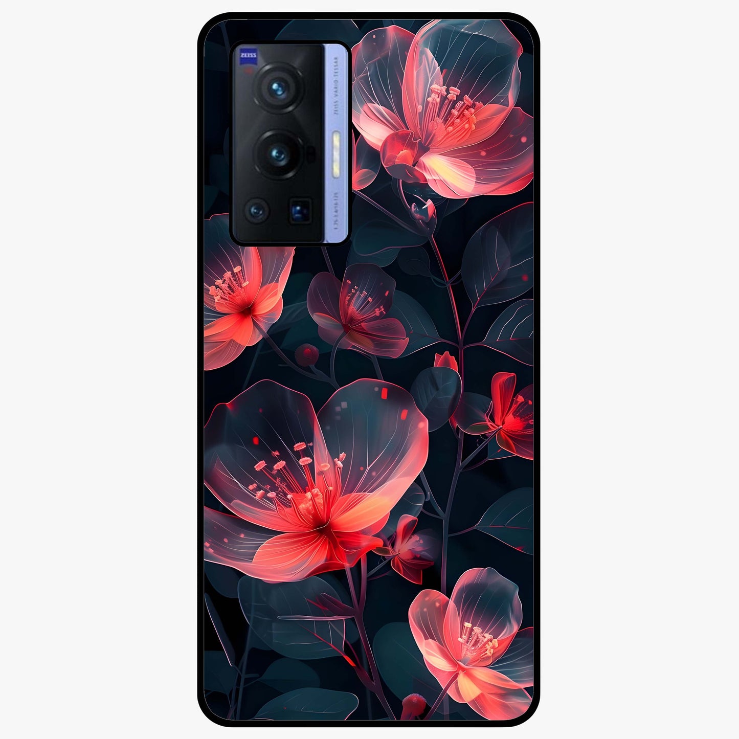 Dark Shade of Flower Glass Case showing flat back view with elegant dark floral artwork and glossy glass finish.
