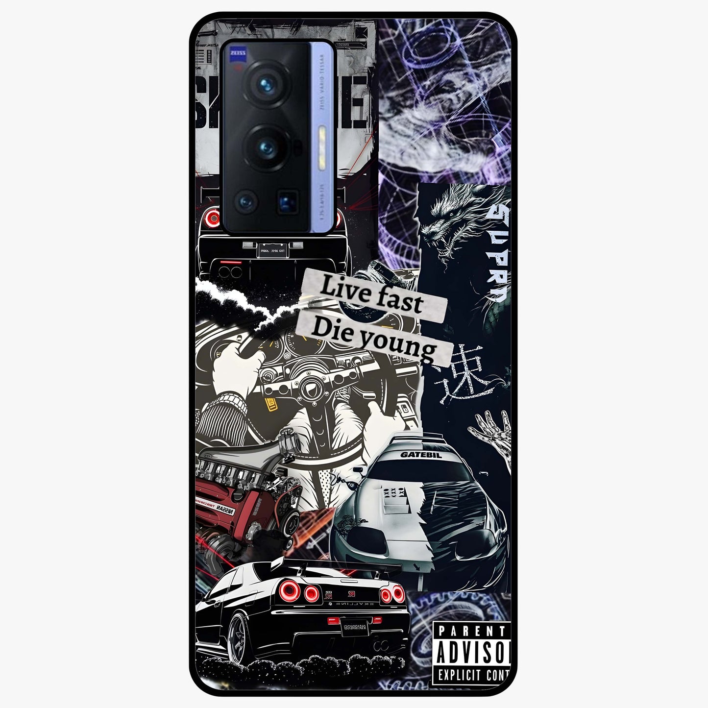 Die Young Glass Case showing flat back view with bold artistic typography design and glossy glass finish.