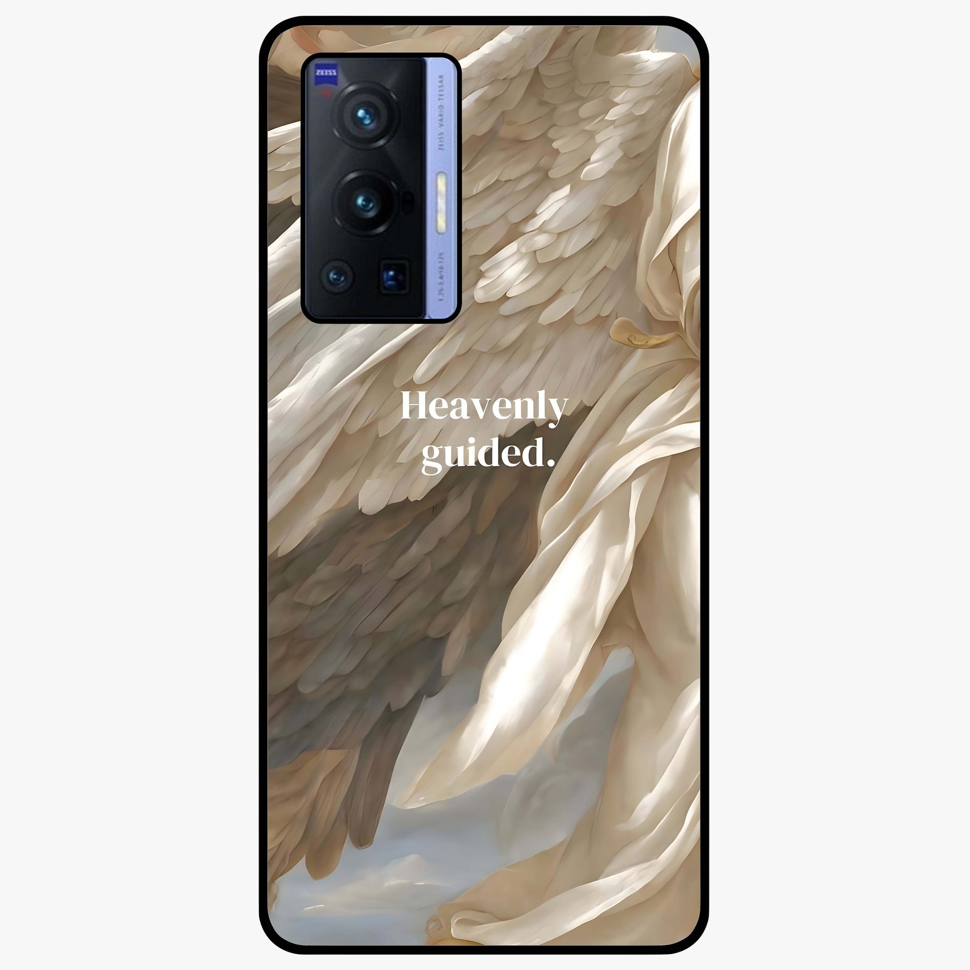 Divine Winged Grace Glass Case showing flat back view with elegant wing inspired artwork and glossy glass finish.