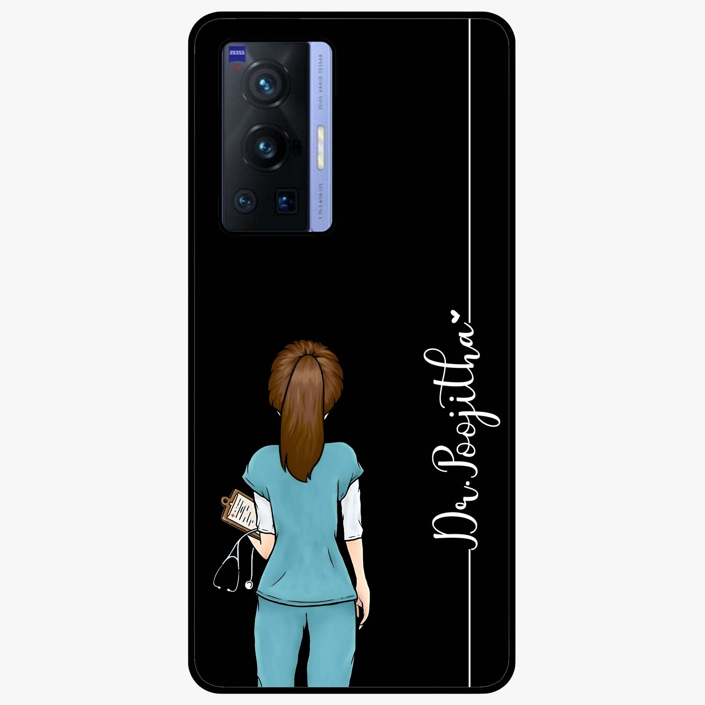 Doctor Pattern Custom Name Glass Case showing flat back view with medical themed pattern and personalized name design.