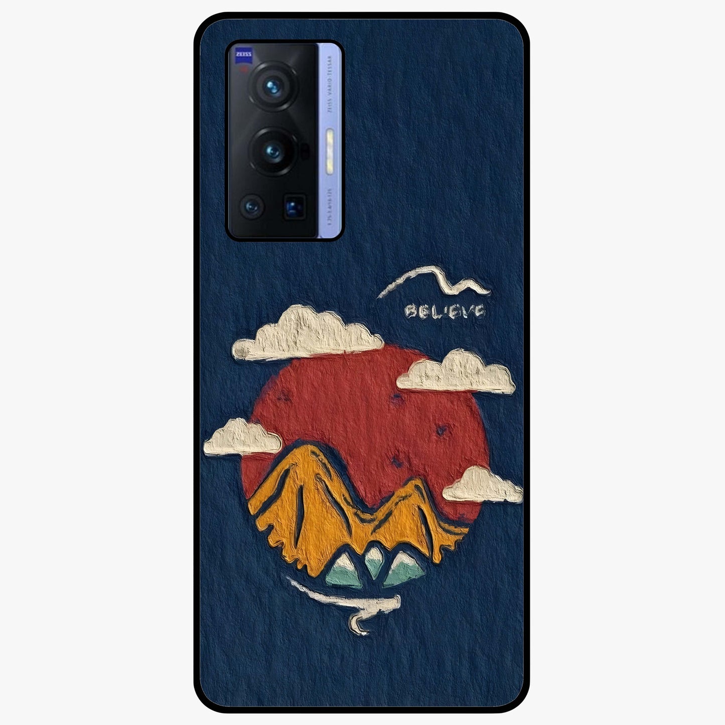 Dream Beyond Mountains Glass Case showing flat back view with scenic mountain landscape artwork and glossy glass finish.