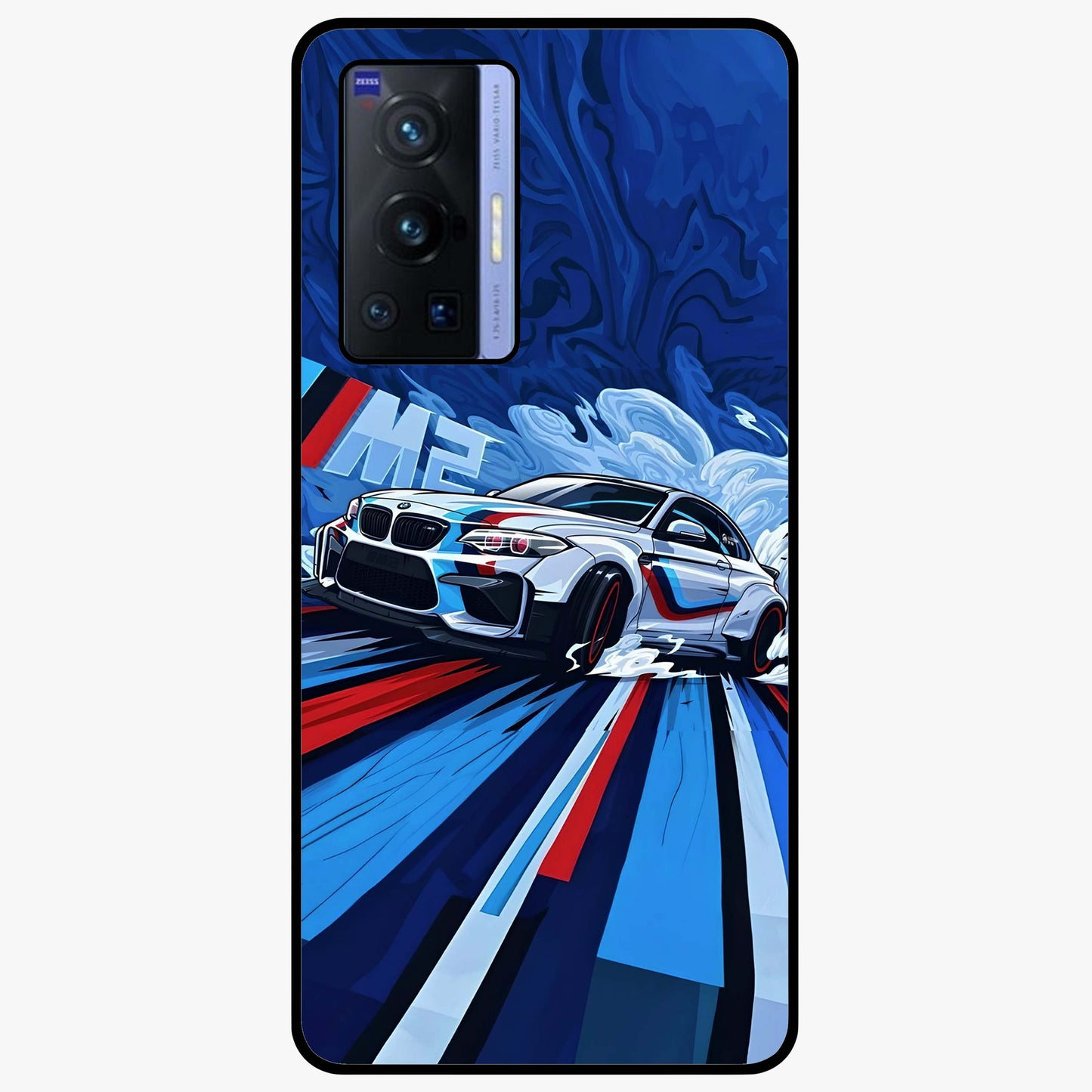 Drift Power Rush Glass Case showing flat back view with dynamic racing inspired artwork and glossy glass finish.