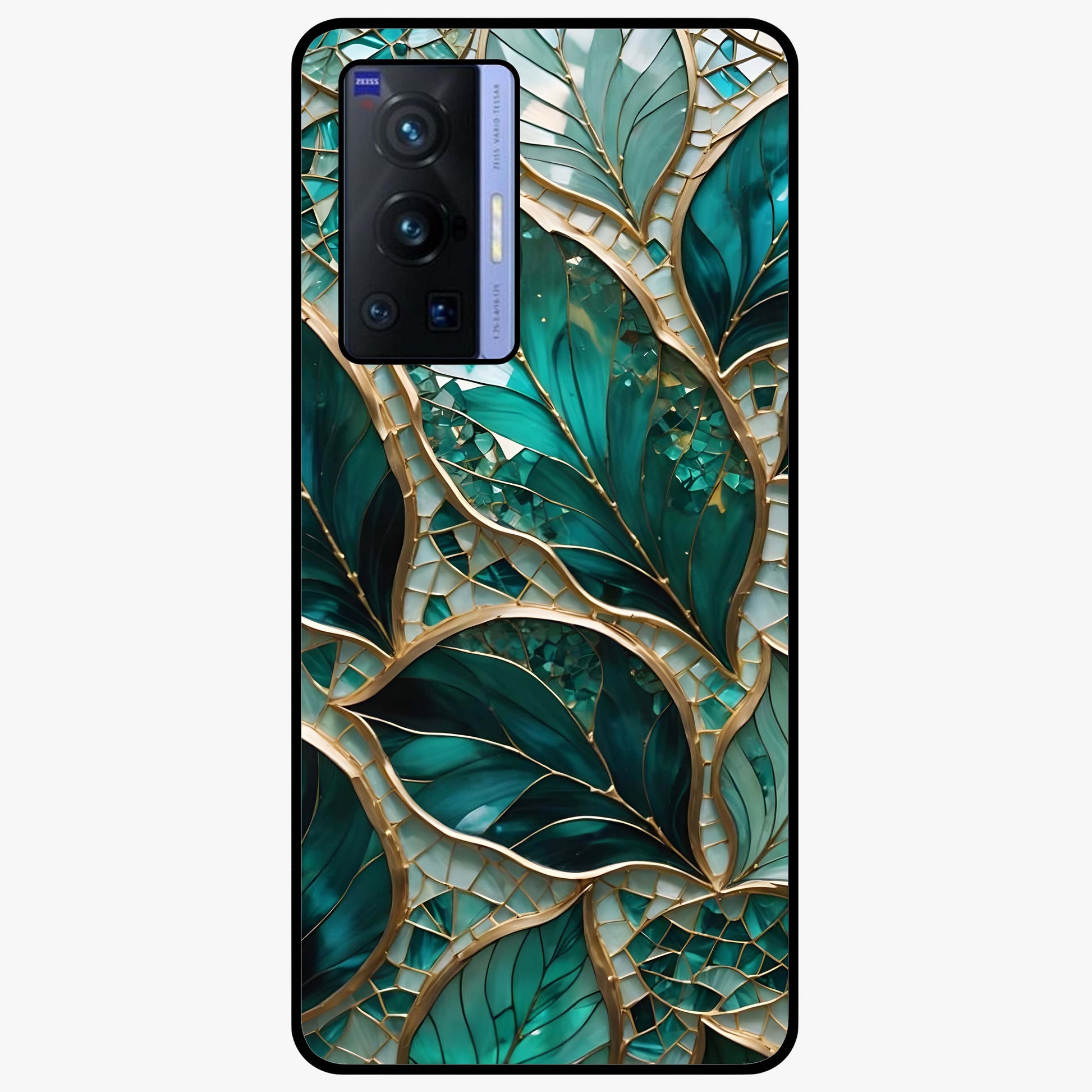 Emerald Leaf Glass Glass Case showing flat back view with emerald green leaf artwork and glossy glass finish.