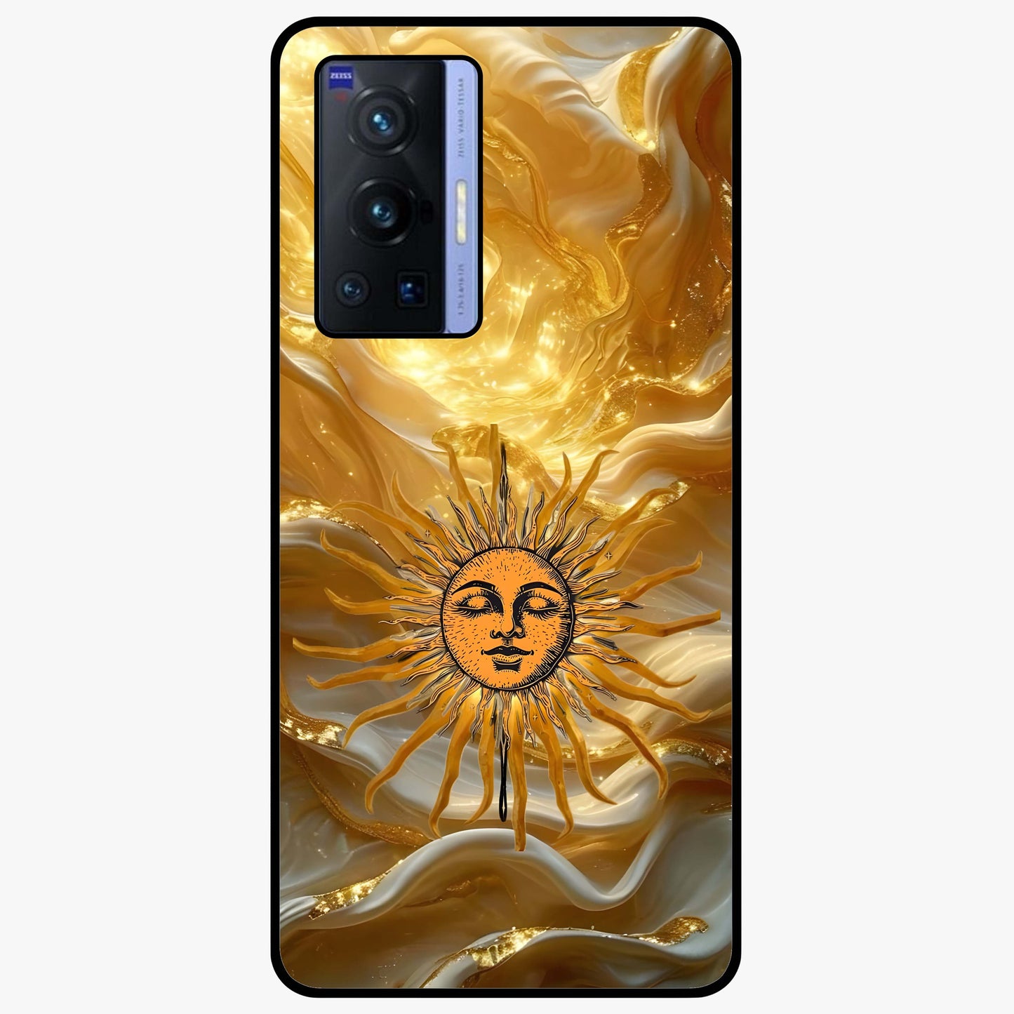 Eternal Golden Glow Glass Case showing flat back view with radiant golden themed artwork and glossy glass finish.