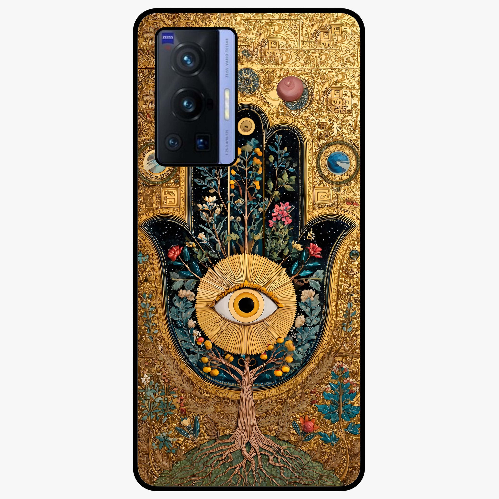 Ethereal Evil Eye Glass Case showing flat back view with mystical evil eye artwork and glossy glass finish.