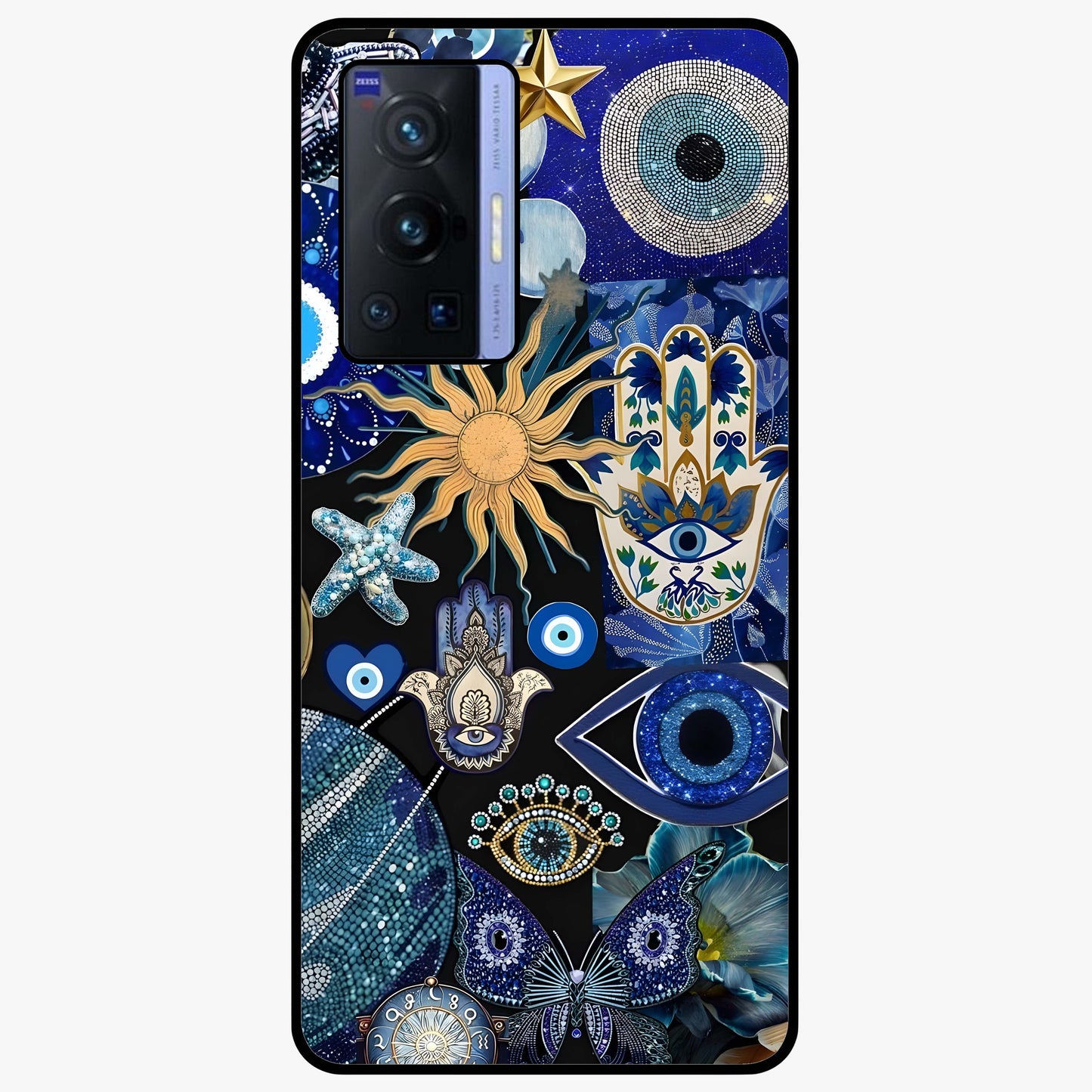 Evil Eye Charm Mix Glass Case showing flat back view with multiple evil eye charms artwork and glossy glass finish.