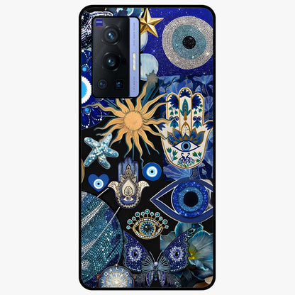 Evil Eye Charm Mix Glass Case showing flat back view with multiple evil eye charms artwork and glossy glass finish.