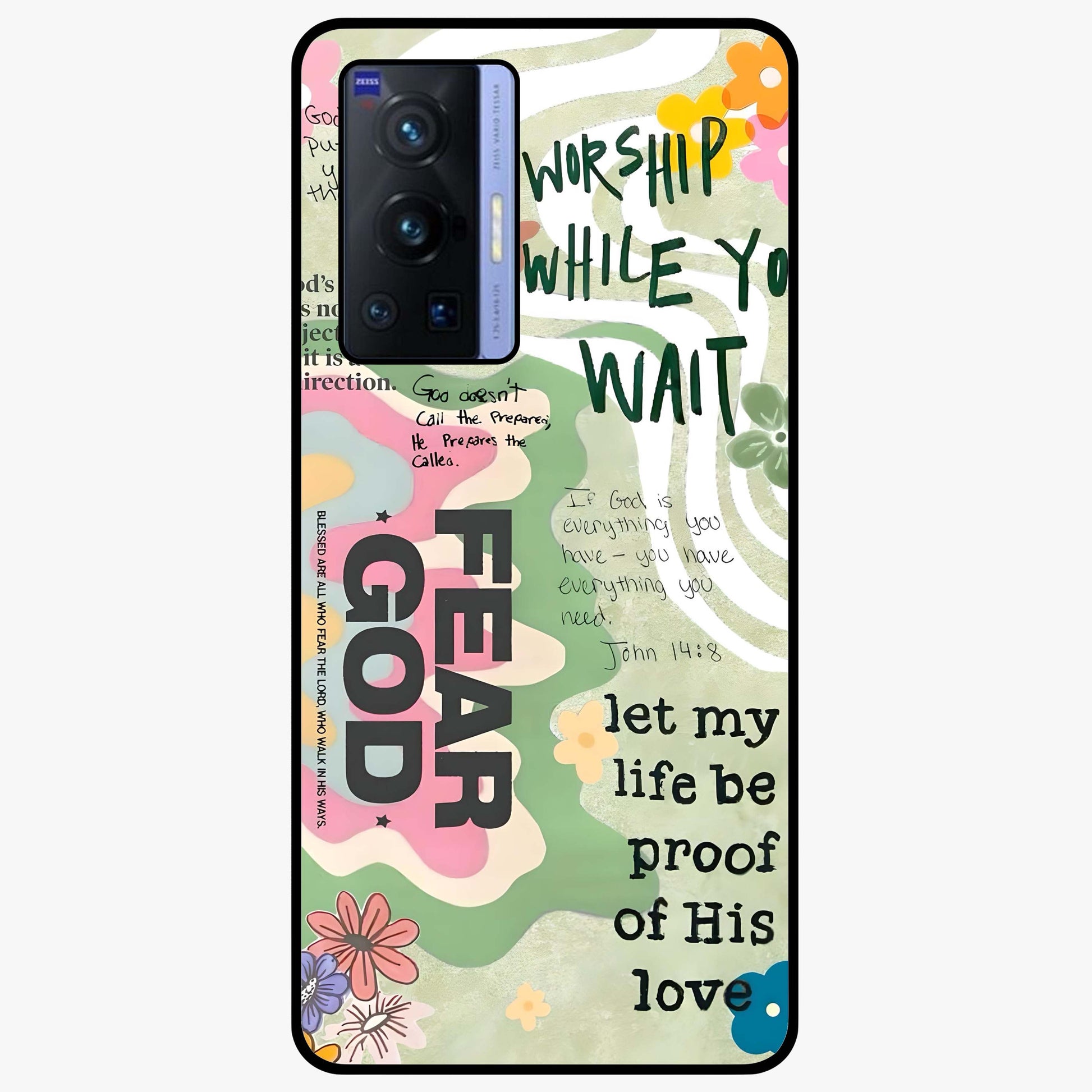 Faith Over Fear Glass Case showing flat back view with motivational typography artwork and glossy glass finish.