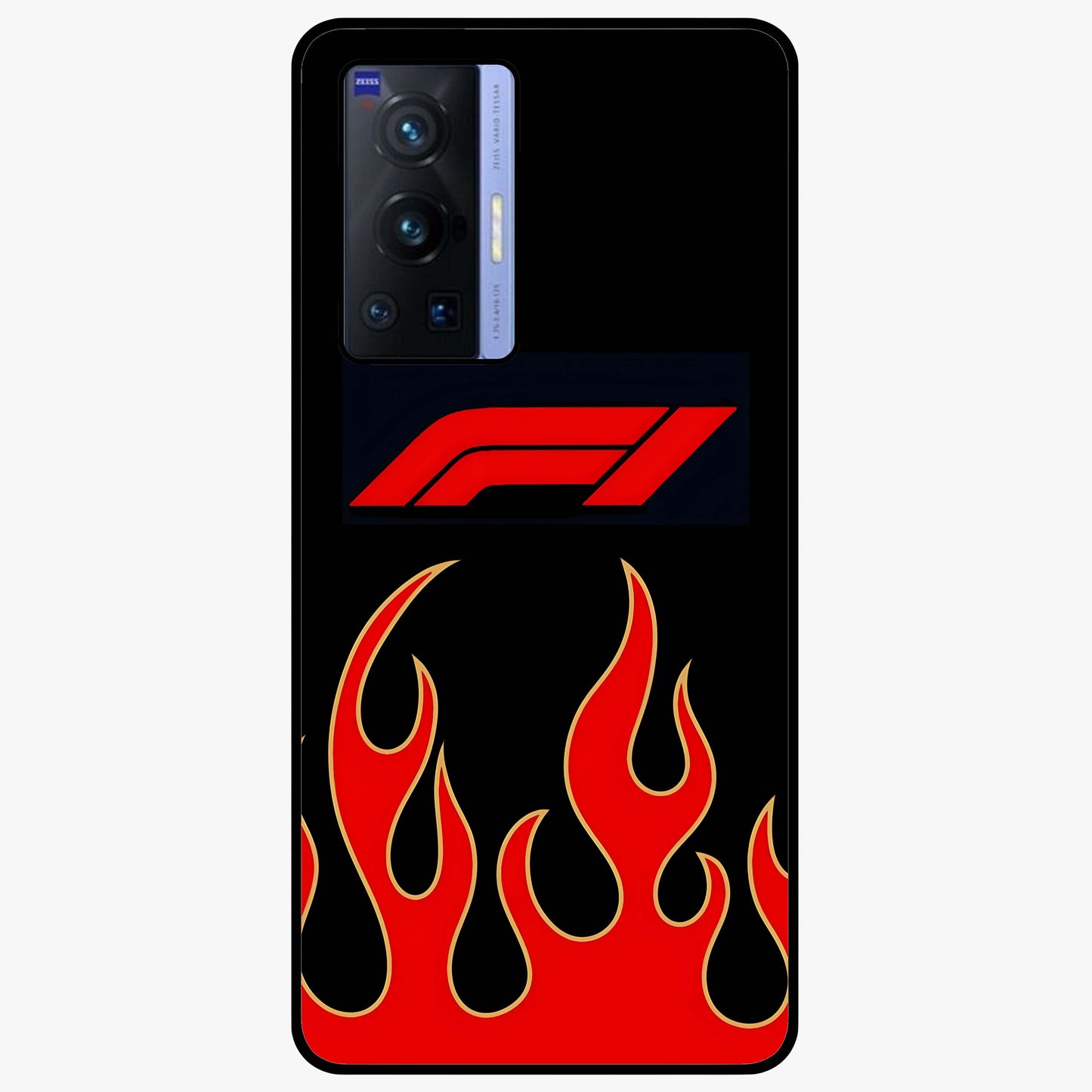 Fire F11 Glass Case showing flat back view with fiery themed artwork and glossy glass finish.