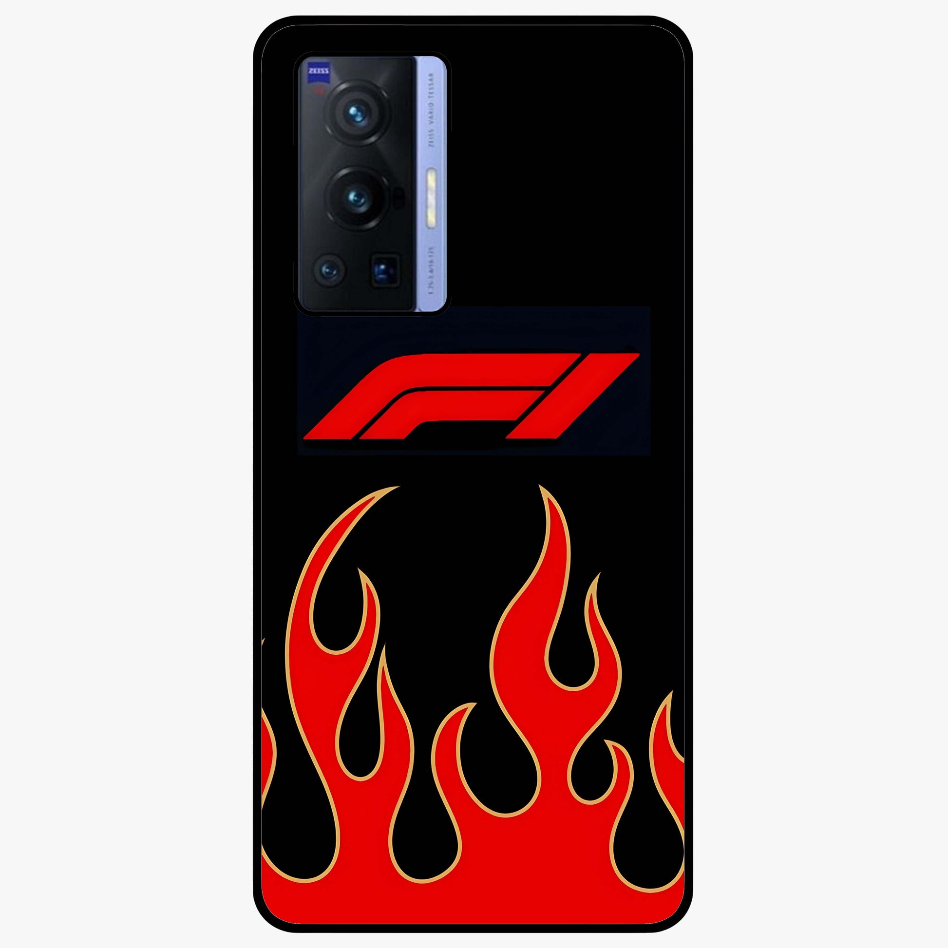 Fire F11 Glass Case showing flat back view with fiery themed artwork and glossy glass finish.