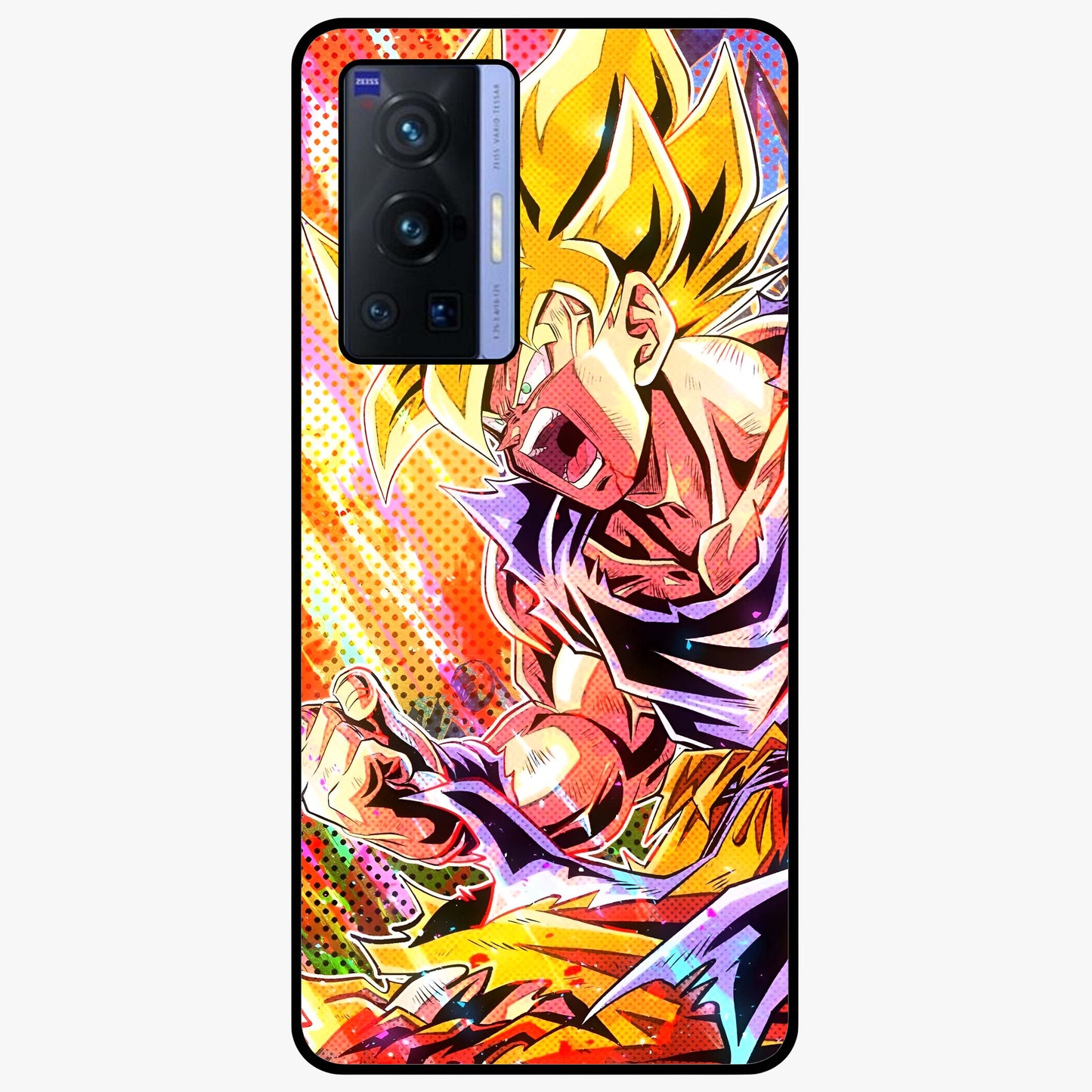 Firing Goku Glass Case showing flat back view with powerful anime inspired artwork and glossy glass finish.