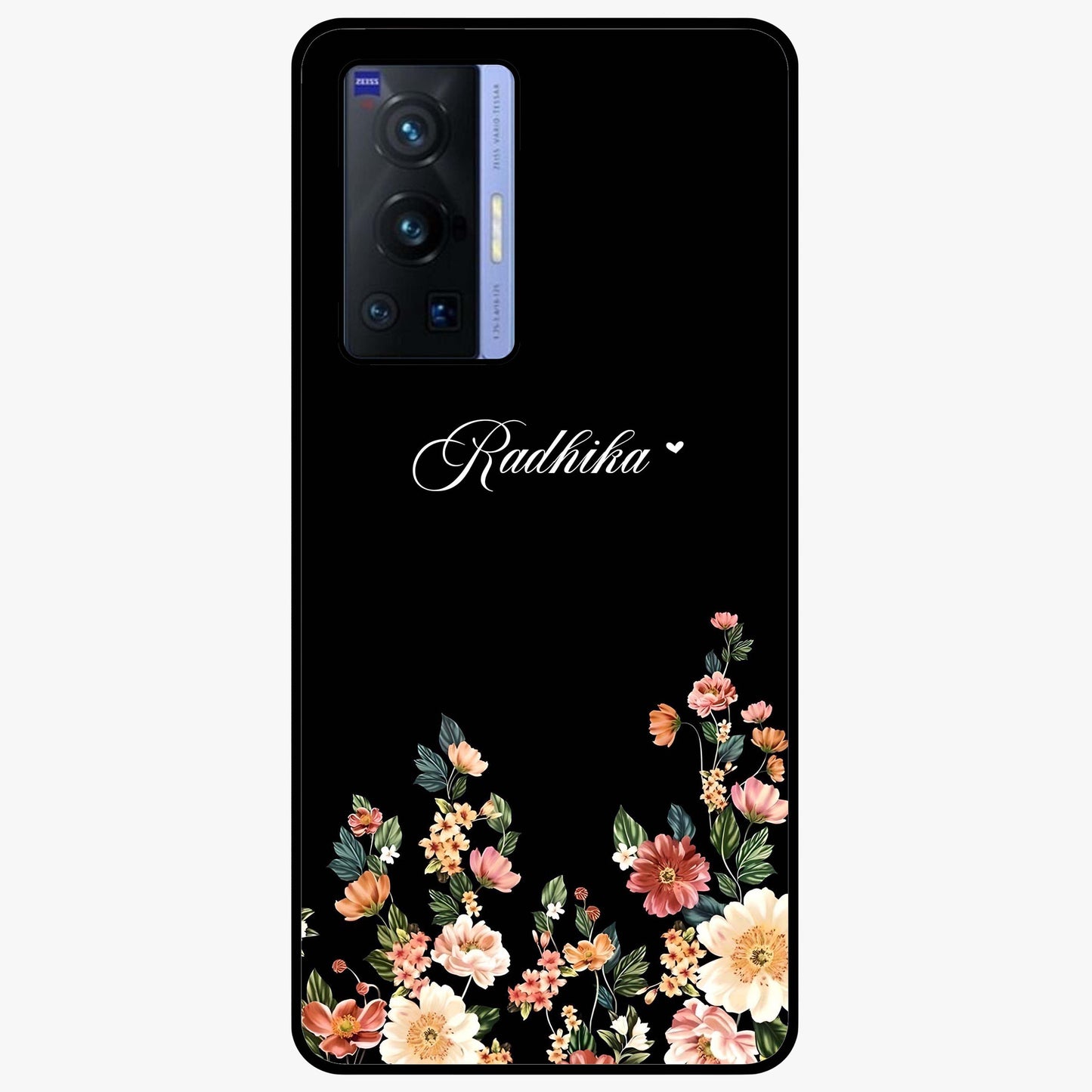 Floral Design With a Custom Personalized Name Glass Case showing flat back view with floral artwork and personalized name design.