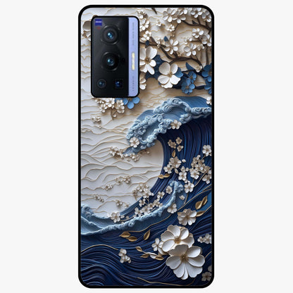 Floral Wave Origami Glass Case showing flat back view with origami inspired floral wave artwork and glossy glass finish.