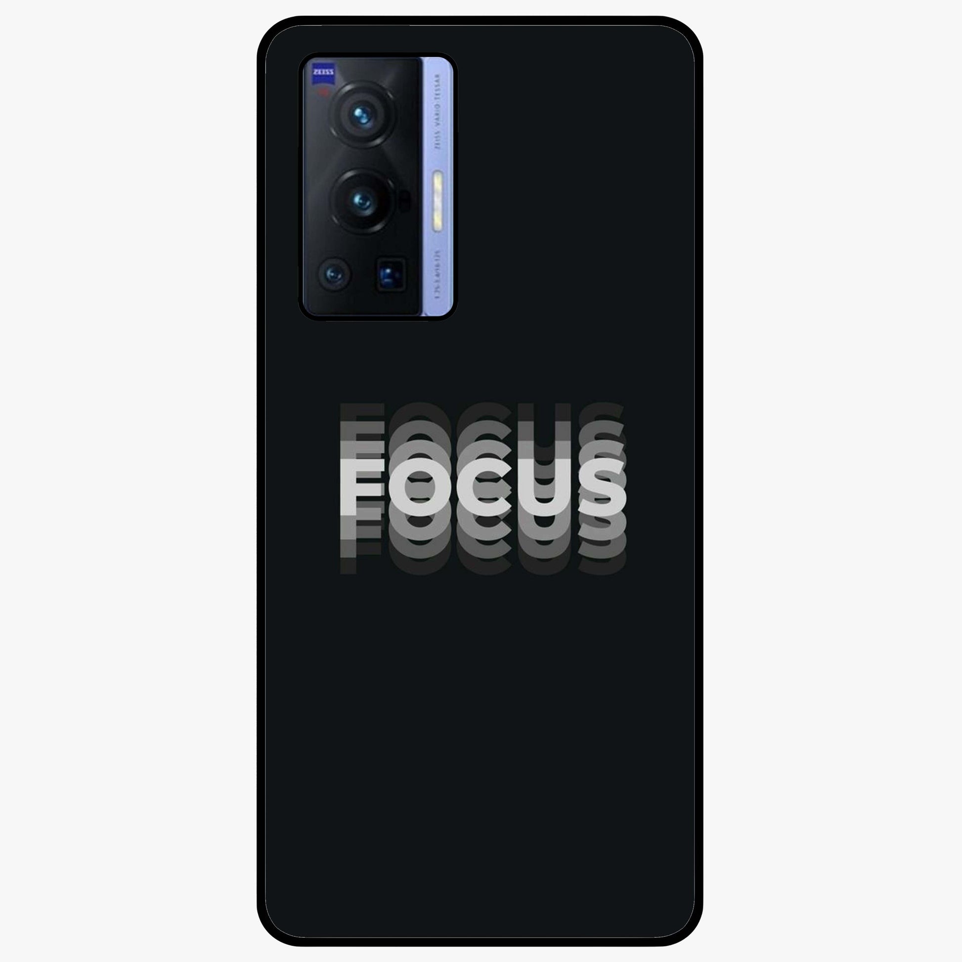 Focus Mode On Glass Case showing flat back view with bold motivational typography design and glossy glass finish.