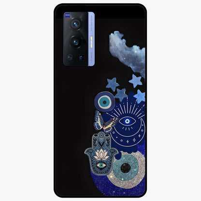 Galactic Charm Cluster Glass Case showing flat back view with glowing celestial charm artwork and glossy glass finish.
