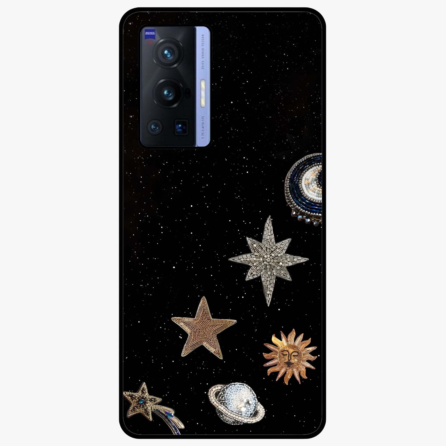 Galactic Charm Glow Glass Case showing flat back view with glowing celestial charm artwork and glossy glass finish.