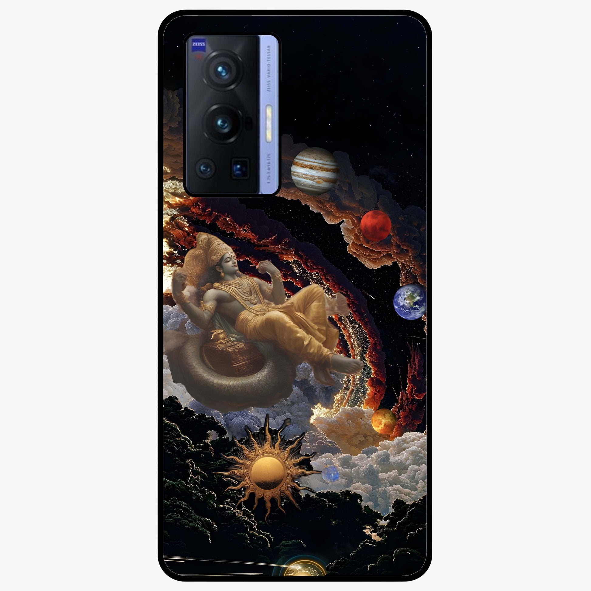 Galactic Divine God Glass Case showing flat back view with divine cosmic themed artwork and glossy glass finish.