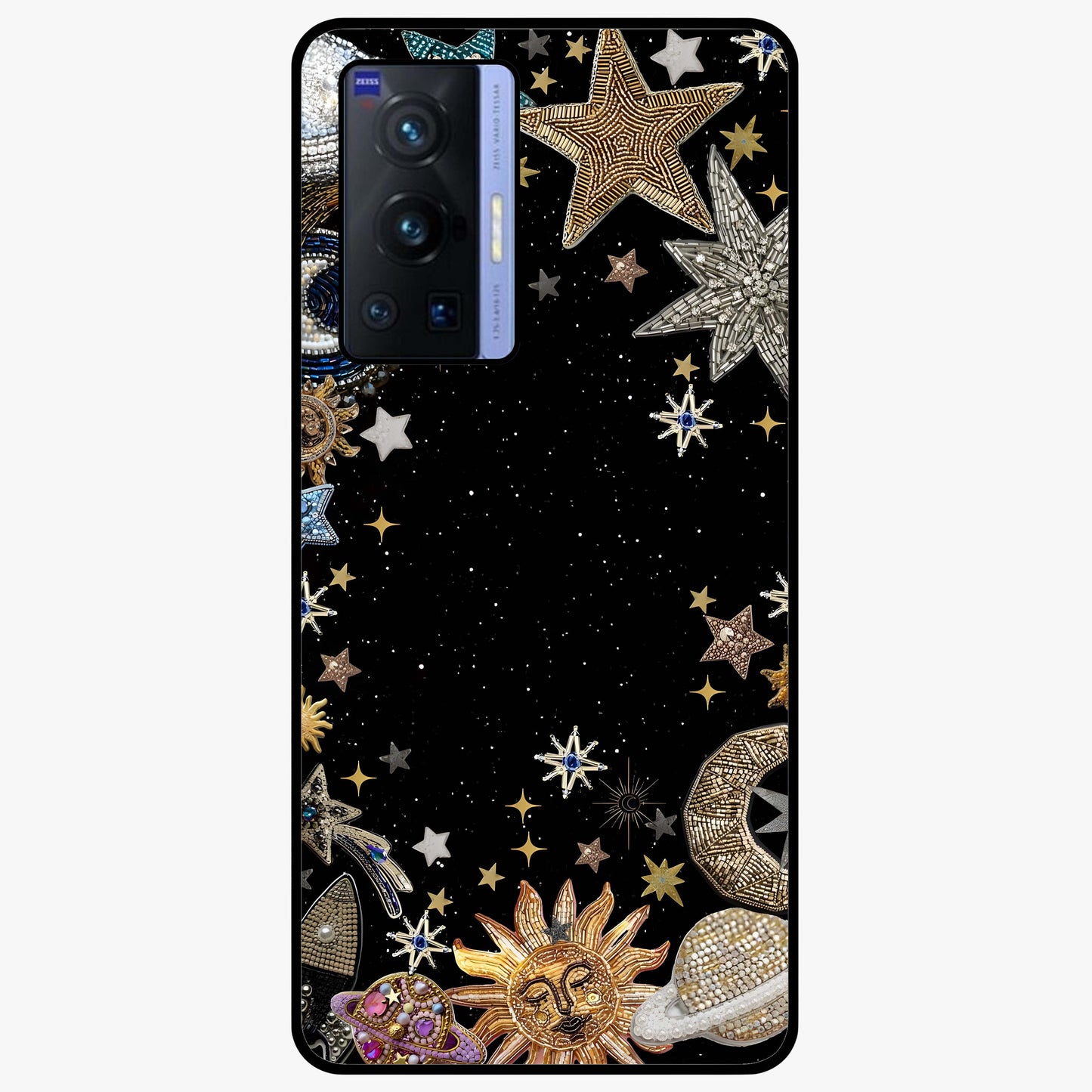 Galactic Jewel Stars Glass Case showing flat back view with sparkling star jewel artwork and glossy glass finish.