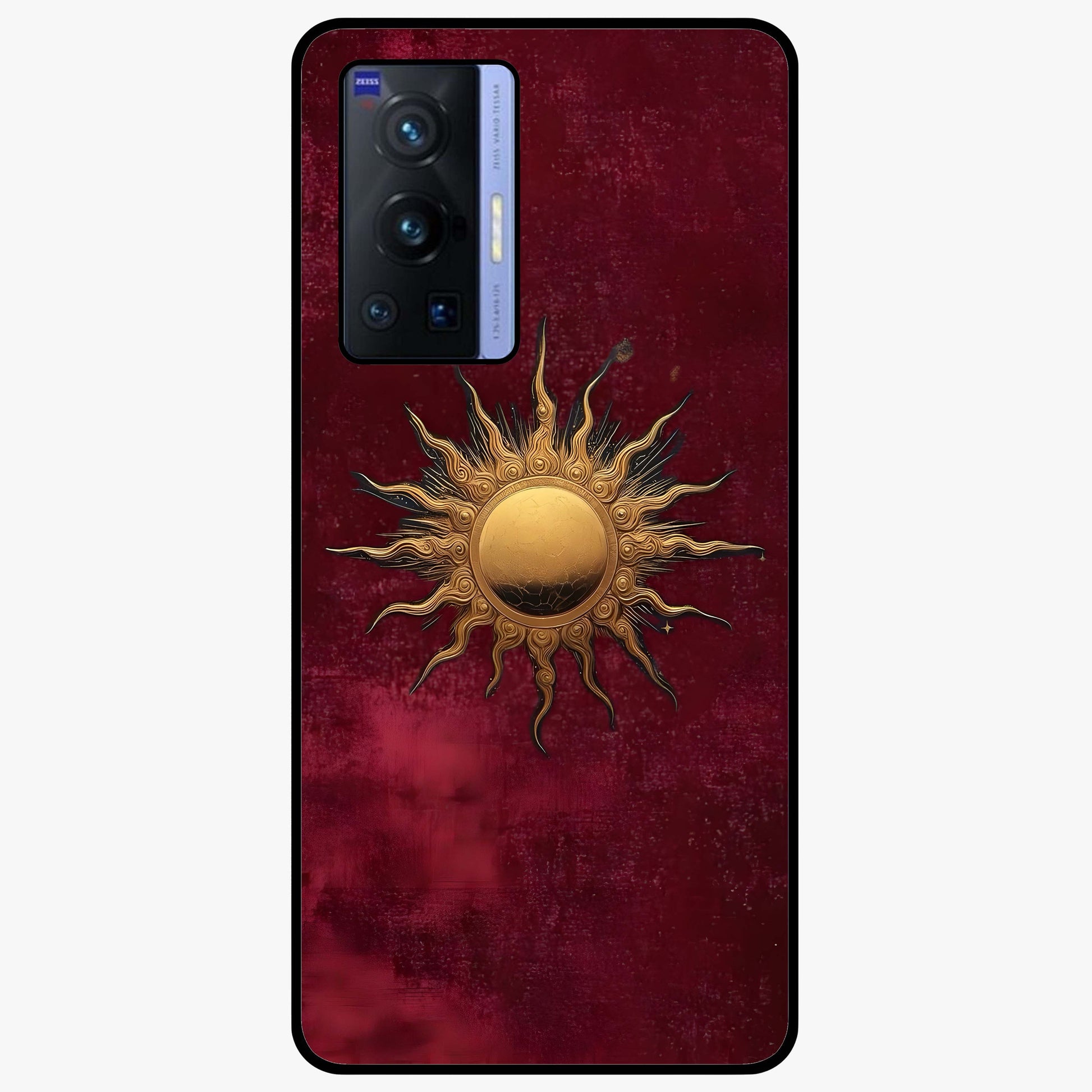 Gold Sun Blush Glass Case showing flat back view with golden sun inspired artwork and glossy glass finish.