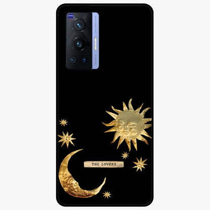Golden Celestial Charm Glass Case showing flat back view with golden celestial charm artwork and glossy glass finish.