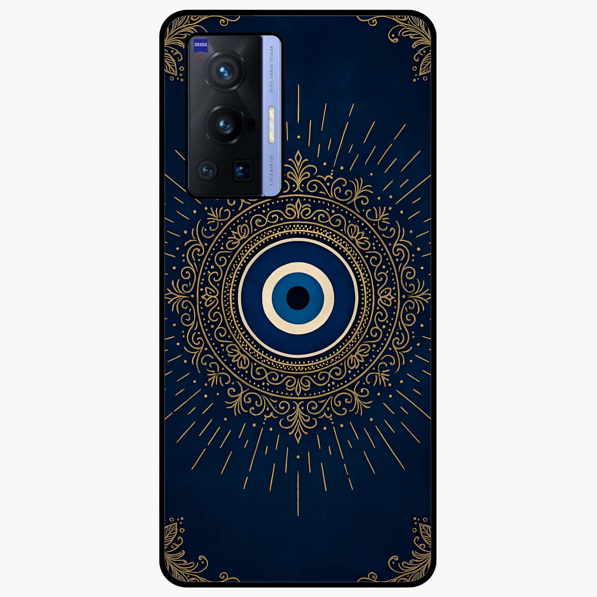 Golden Evil Eye Mandala Glass Case showing flat back view with intricate evil eye mandala artwork and glossy glass finish.