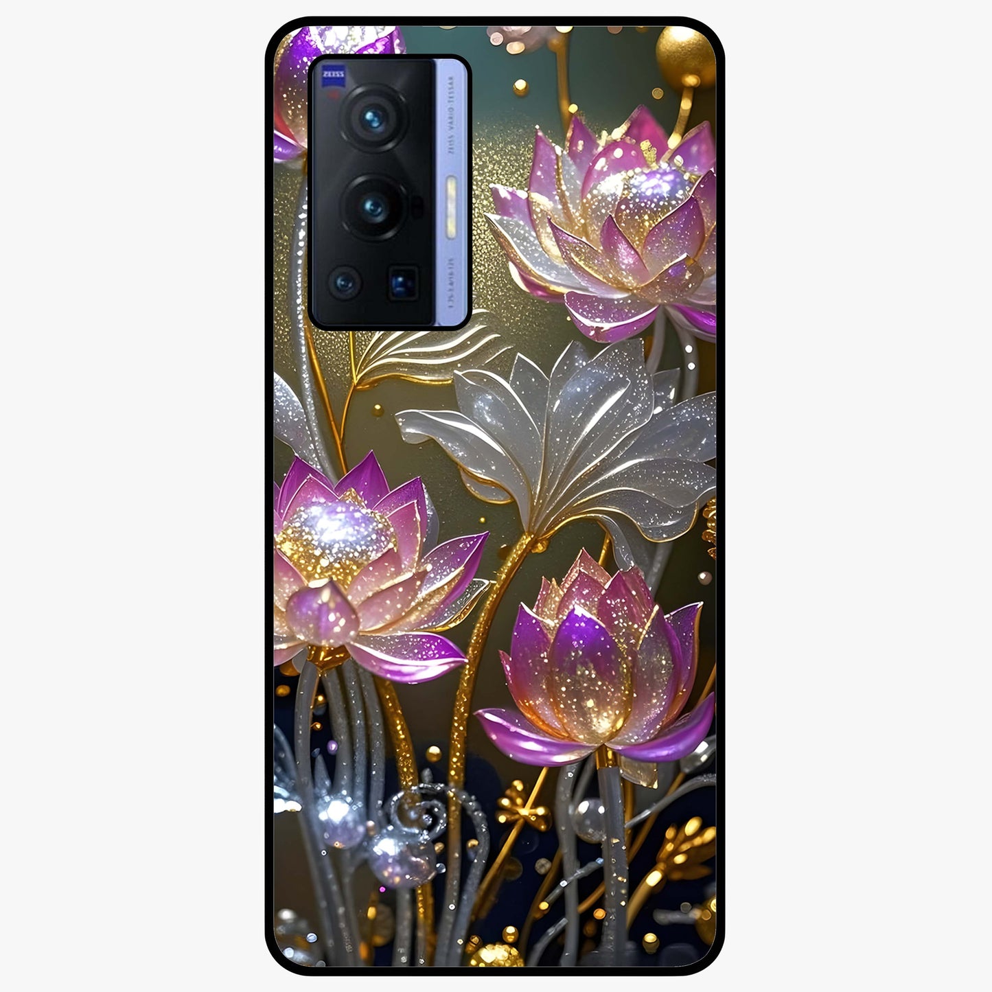Golden Lotus Glow Glass Case showing flat back view with glowing lotus flower artwork and glossy glass finish.