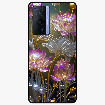 Golden Lotus Glow Glass Case showing flat back view with glowing lotus flower artwork and glossy glass finish.