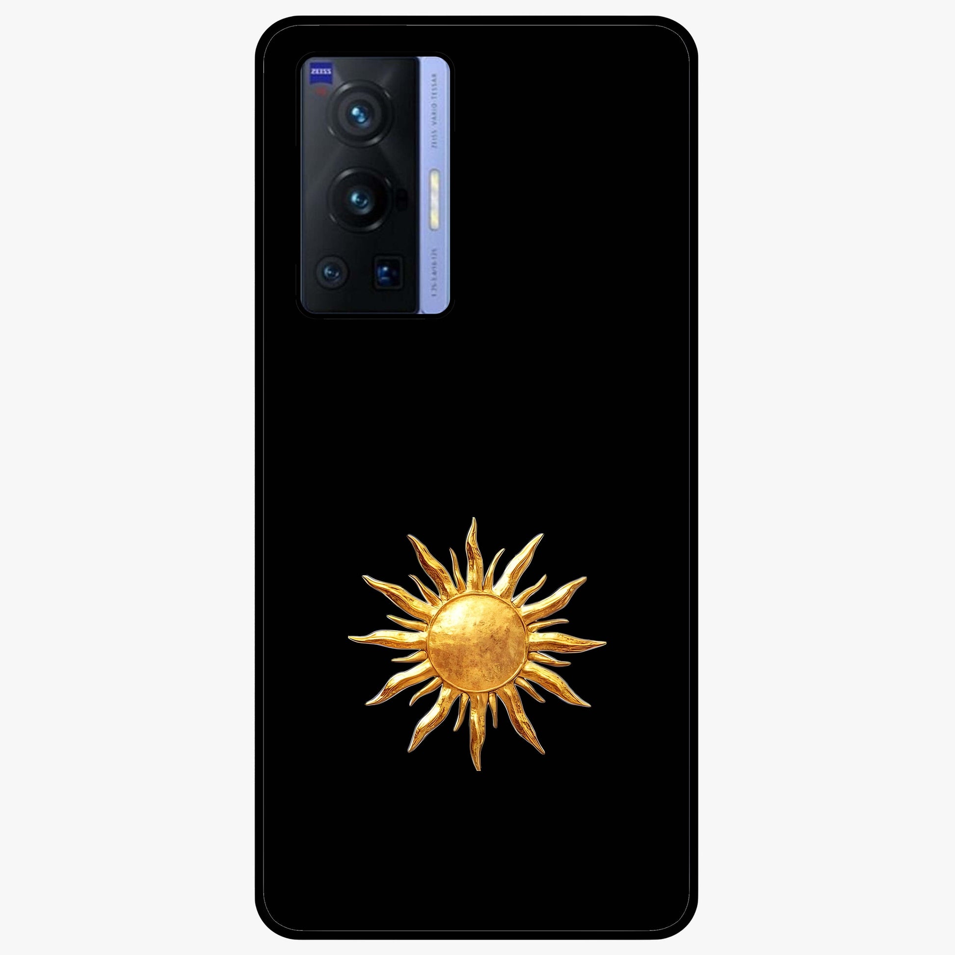 Golden Sun Minimalism Glass Case showing flat back view with minimal golden sun artwork and glossy glass finish.